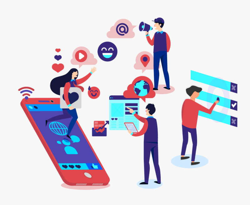 Decorative image, that shows different people in Social media accounts